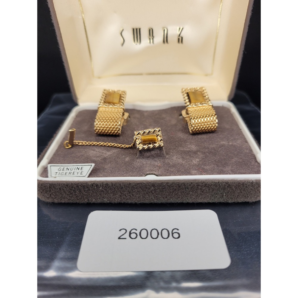 Swank Cufflink Tie Tac Set Gold Tone Mesh Genuine Tigereye Inlay Boxed